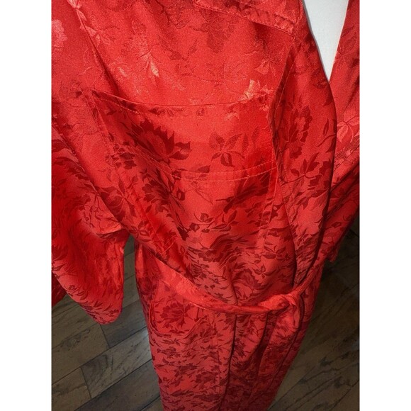 VTG Victoria’s Secret Red Floral Satin Robe M/L Korea Silky Wrap Belted Lounge - Picture 6 of 11